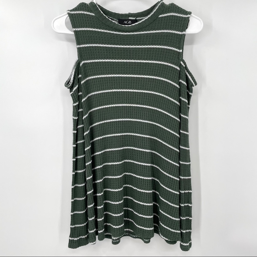 AGB Green & White Waffle Cold Shoulder Shirt